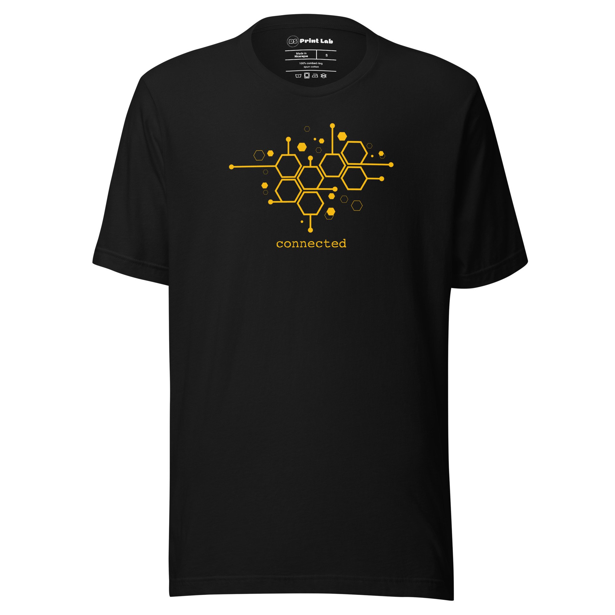 Black t-shirt with yellow graphic of interconnected hexagons and the word "connected" below.