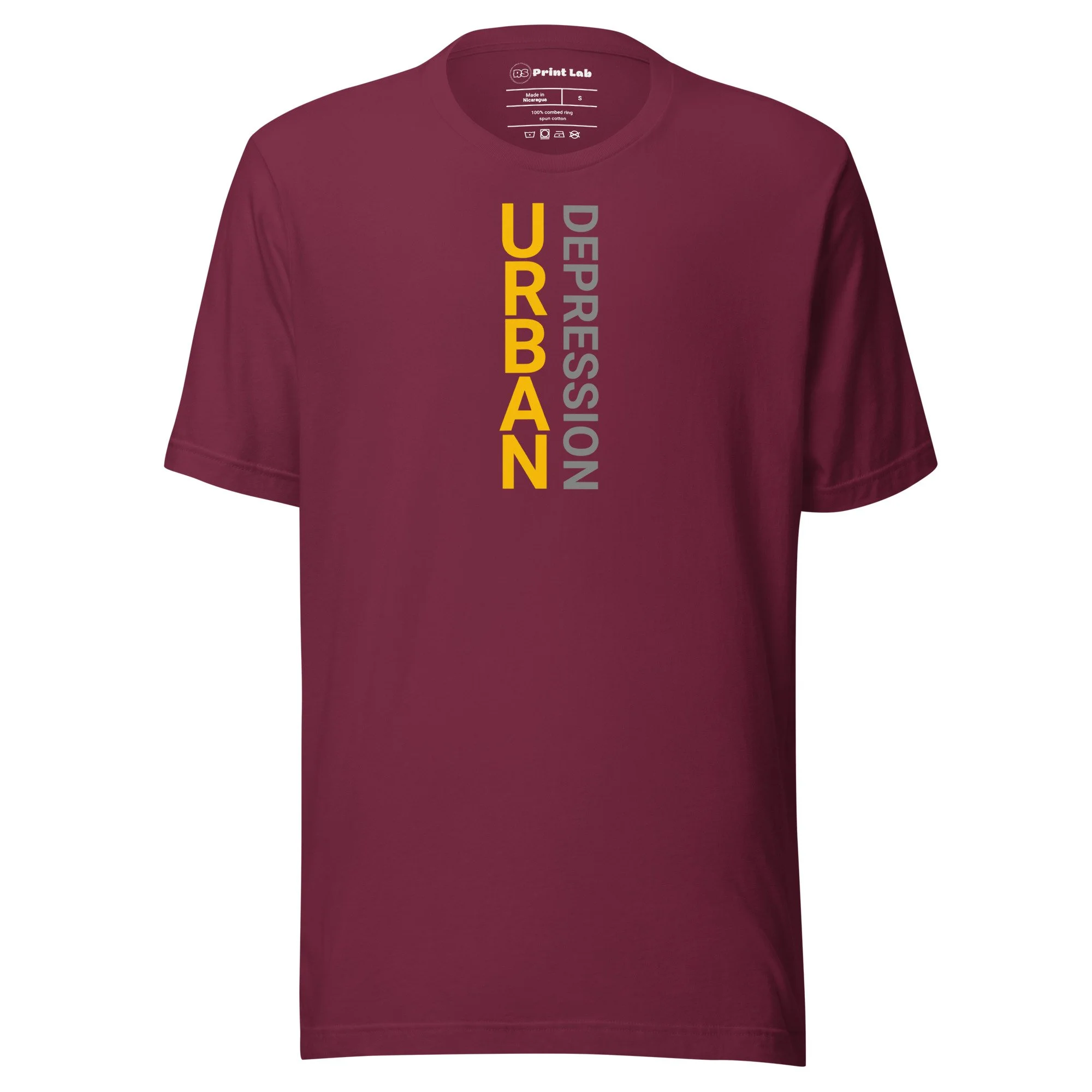 Maroon T-shirt with yellow and gray vertical text saying "URBAN DEPRESSION".