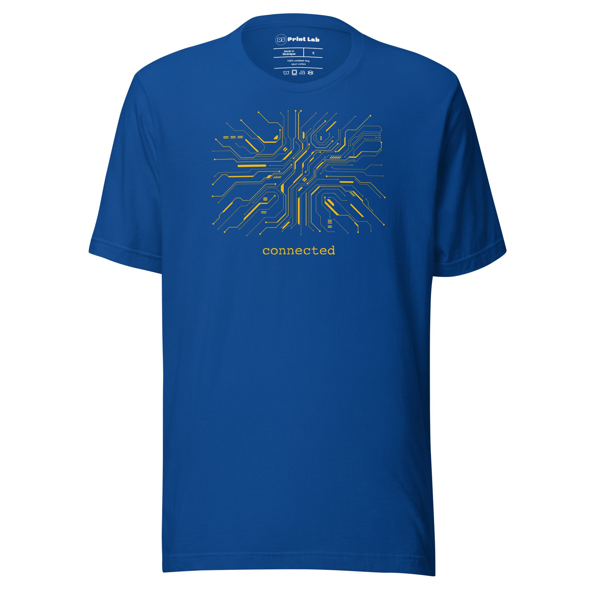 Blue T-shirt with a yellow circuit board design and the word 'connected' written below.