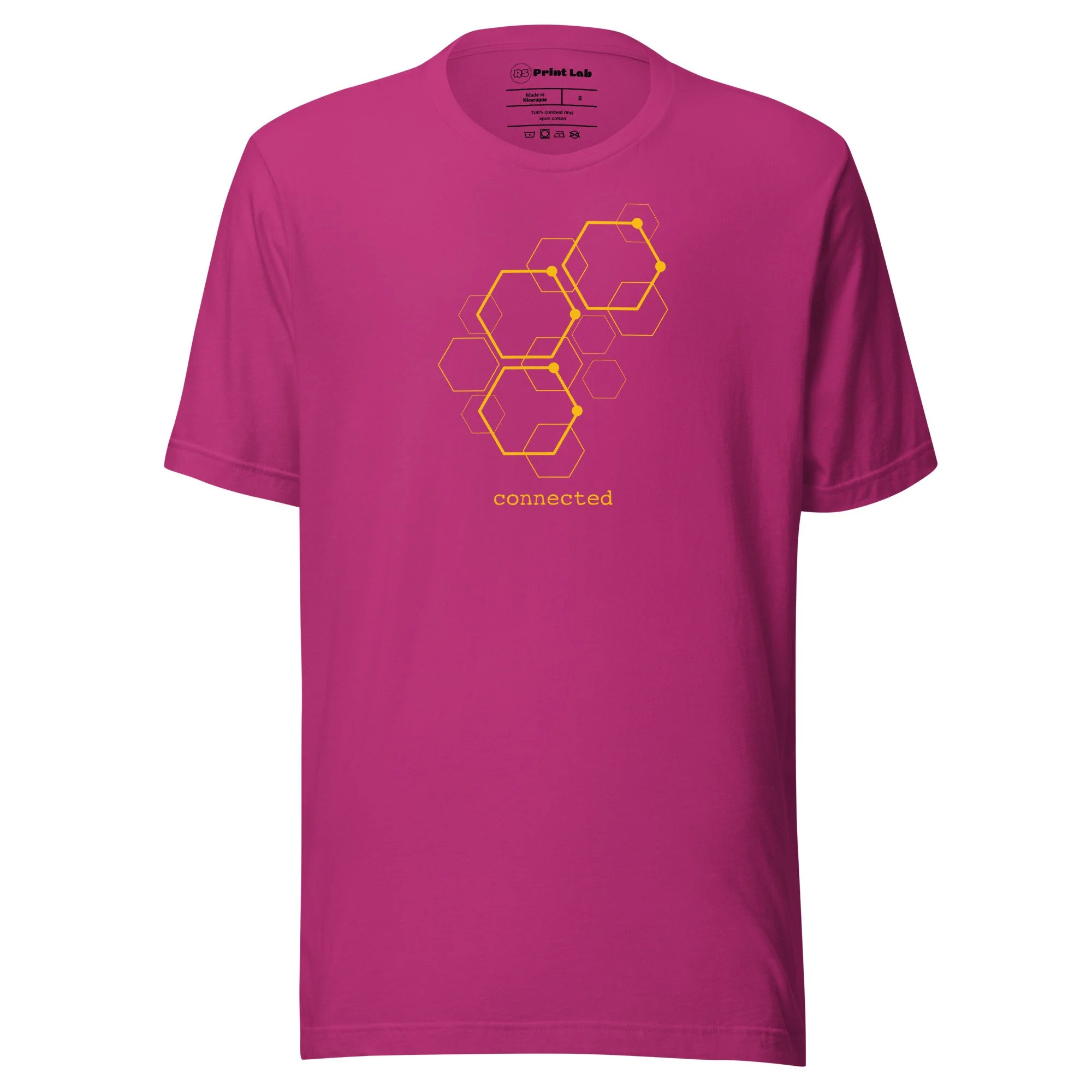 A pink T-shirt with orange geometric honeycomb patterns and the word 'connected' printed underneath.
