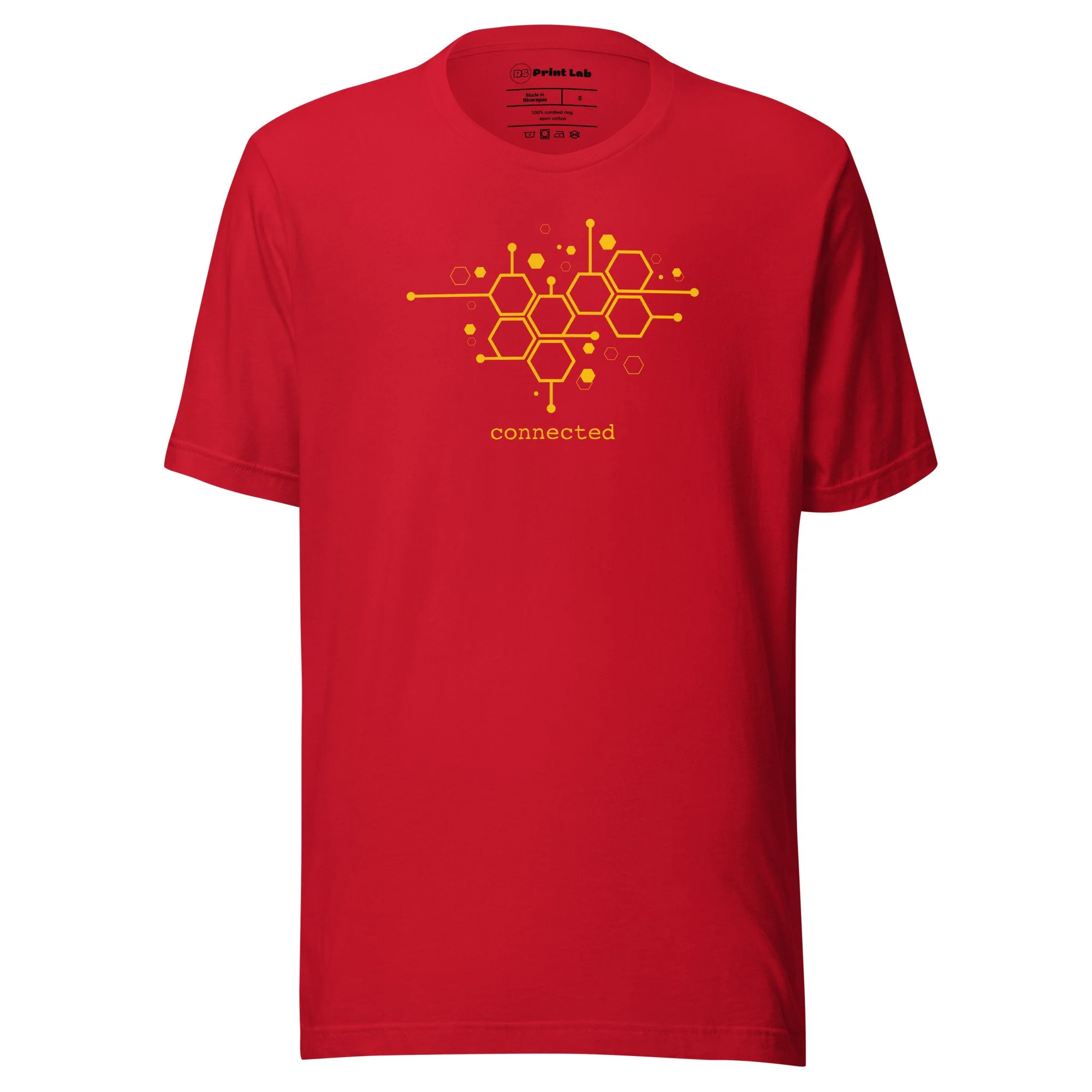 A red T-shirt featuring a yellow geometric logo of interconnected hexagons and lines, with the word 'connected' written below.