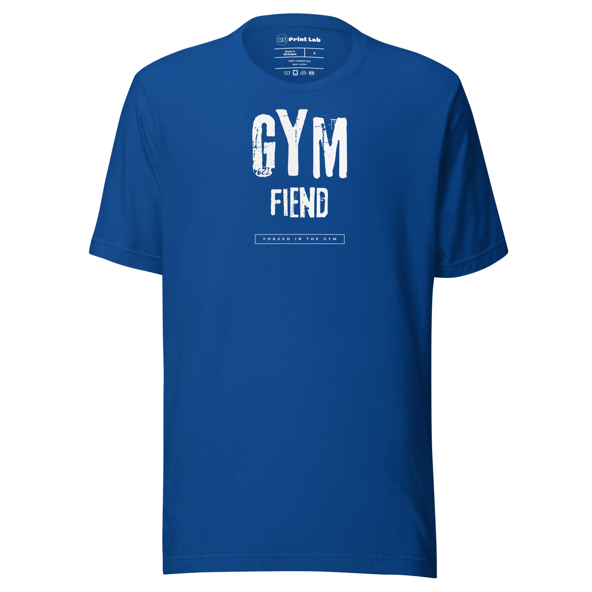 A blue T-shirt with the words 'GYM FIEND' written in large white distressed letters across the chest. The shirt has a round neckline and appears to be made of cotton.