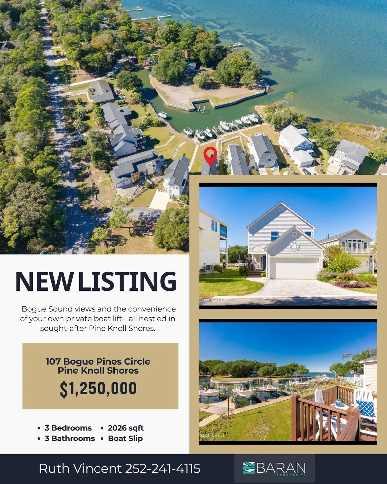 ✨ New Listing ✨ 107 Bogue Pines in Pine Knoll Shores. Reverse-floorplan coastal retreat with double decks, vaulted ceilings, and assigned boat slip steps away!