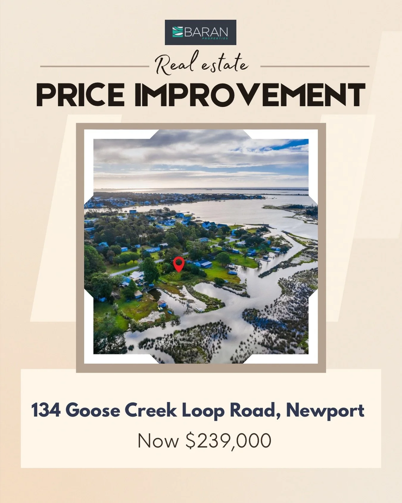 Unrestricted waterfront lot in Newport - NOW $239,000. No HOA, no city taxes, tidal water access, and minutes to the beaches. Come check out 134 Goose Creek Loop Road, Newport, NC.
#