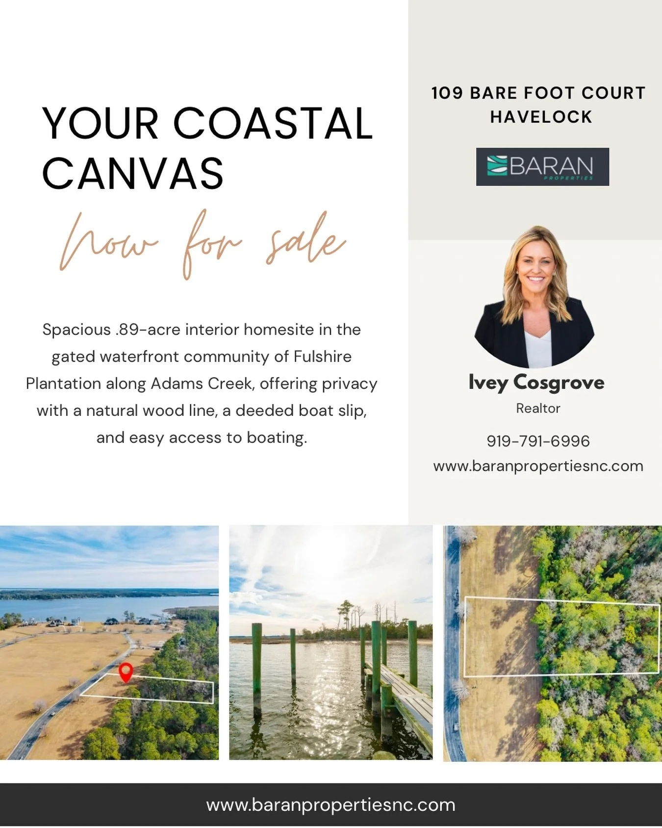 🌿 New Listing | 109 Barefoot Court 🌊

Vacant lot tucked away on a quiet cul-de-sac in the gated community of Fulshire Plantation, this interior homesite offers a wooded rear property line for privacy plus a deeded boat slip on Adams Creek 🚤

Ready