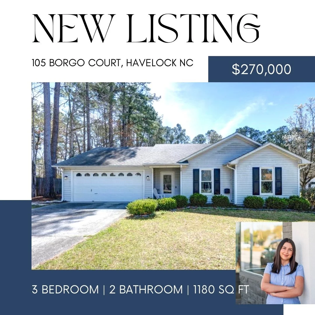New Listing! 🏡
Take a look at 105 Borgo Court in Havelock, NC! This 3 bed, 2 bath home offers 1,180 sq ft and is listed at $270,000. A great opportunity for buyers looking for an inviting home at an approachable price point.

Listed by Delaney Sande