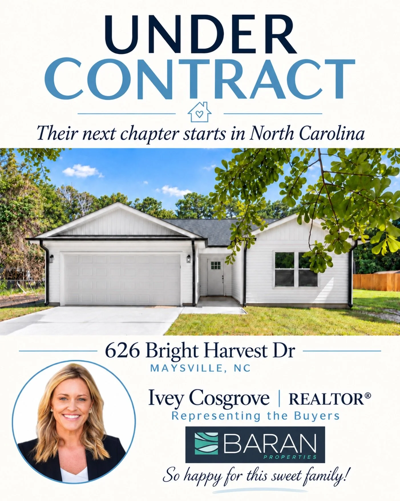 Their next chapter starts in North Carolina 🏡💙

So excited to have this sweet family UNDER CONTRACT on 626 Bright Harvest Dr in Maysville! A big move comes with plenty of decisions, and it means so much to help them find a place to settle in, make 