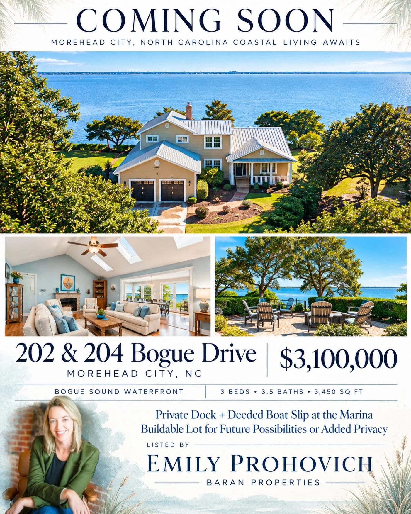 Coming soon to the Crystal Coast 🌊✨

Beautiful Bogue Sound views, room to unwind, and more ways to enjoy life on the water!

📍 202 &amp; 204 Bogue Drive | Morehead City
offered at $3,100,000

🏡 3 bedrooms | 3.5 baths | 3,450 sq. ft.
⚓ Private dock