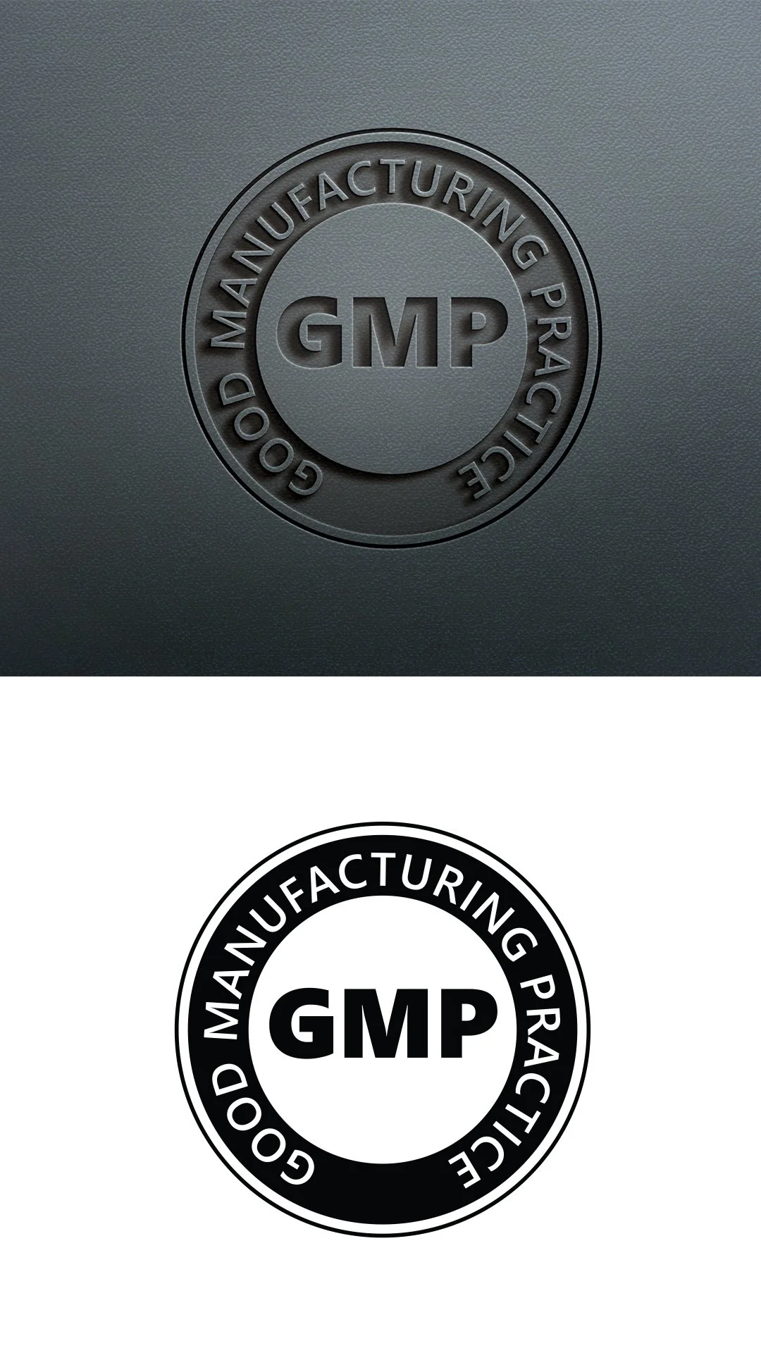 Embossed and printed GMP logo with 'Good Manufacturing Practice' text