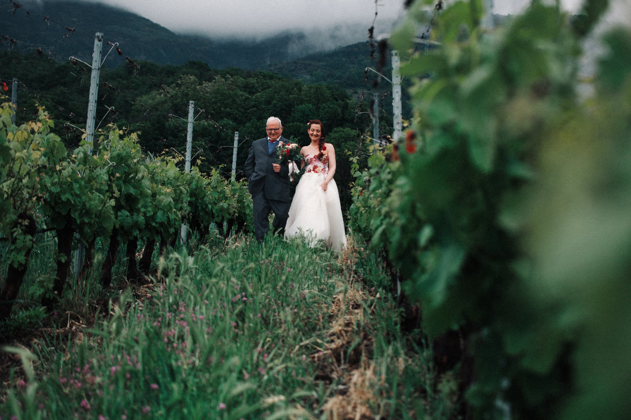 Matrimonio in un vigneto con sposa e padre insieme.