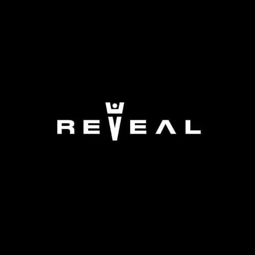 Logo of the word 'REVEAL' in stylized white text on a black background, featuring a design where the letter V resembles a person with raised arms.