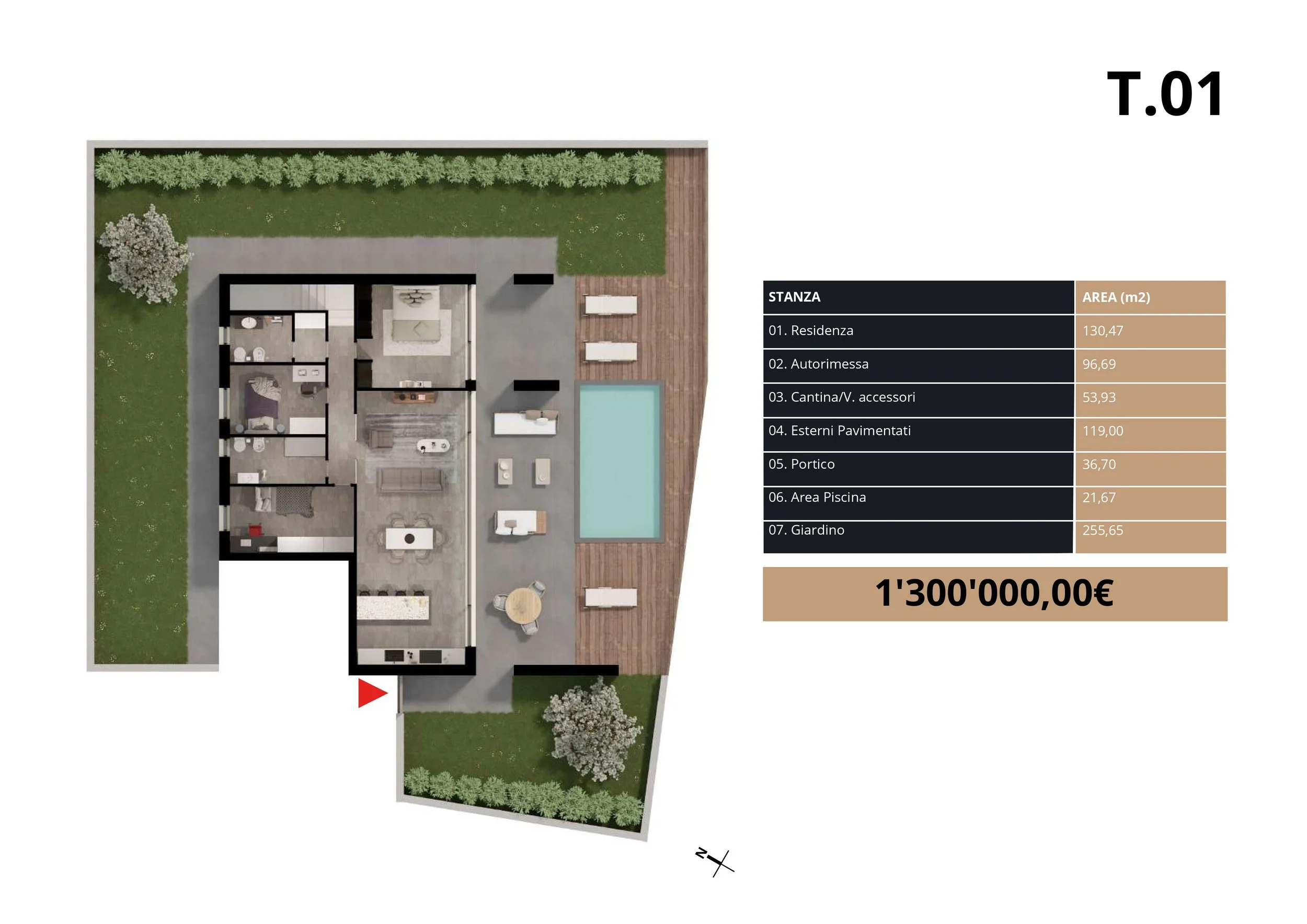 Pianta architettonica di una residenza con giardino, piscina, autorimessa e cantina. Include aree esterne pavimentate e portico, dettagliate con misure in metri quadrati. Stato prenotato.