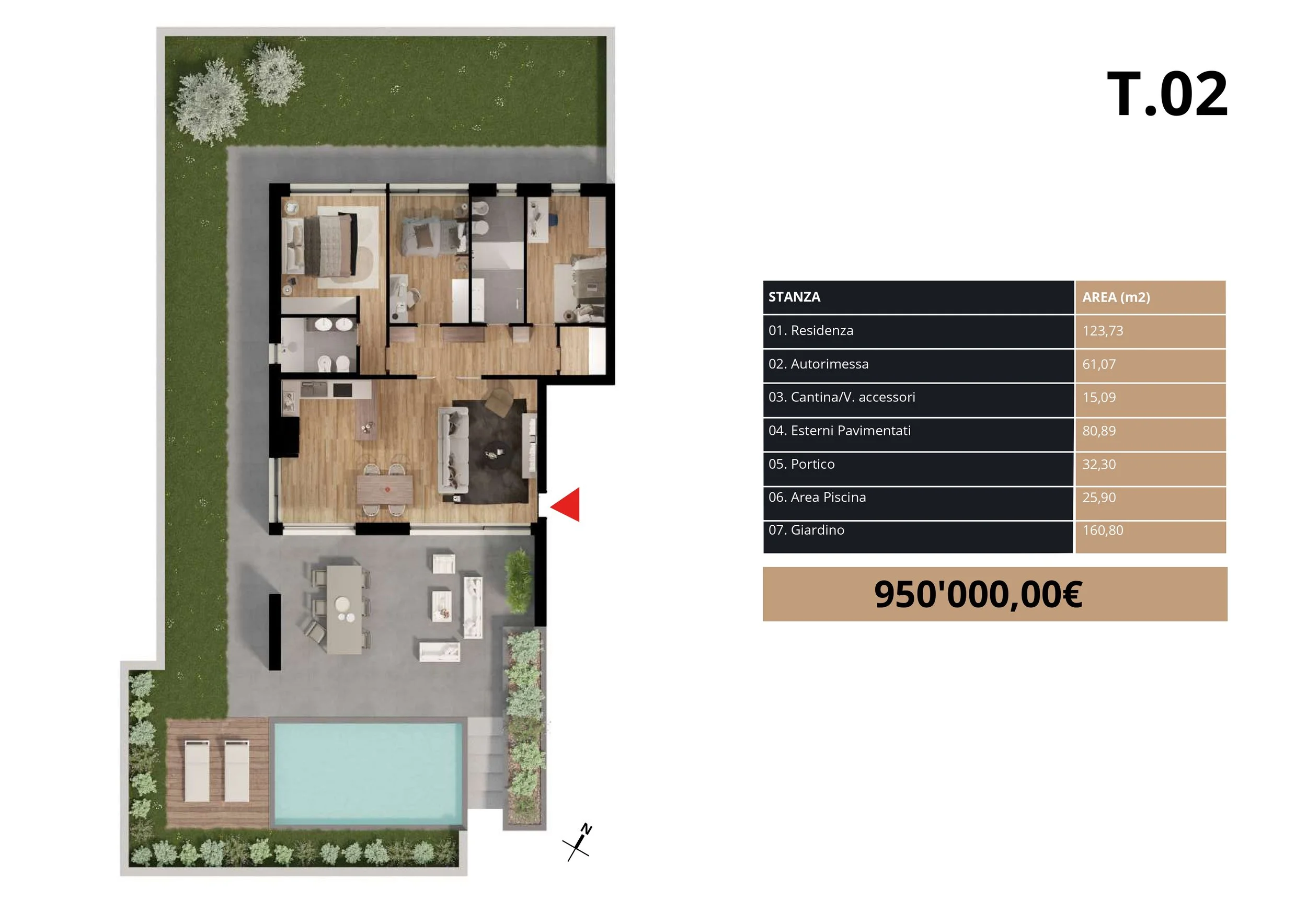 Pianta di un appartamento con diverse stanze etichettate e metrature indicate. Comprende una residenza, autorimessa, cantina, esterni pavimentati, portico, area piscina e giardino. Prezzo indicato: 850'000,000 €."