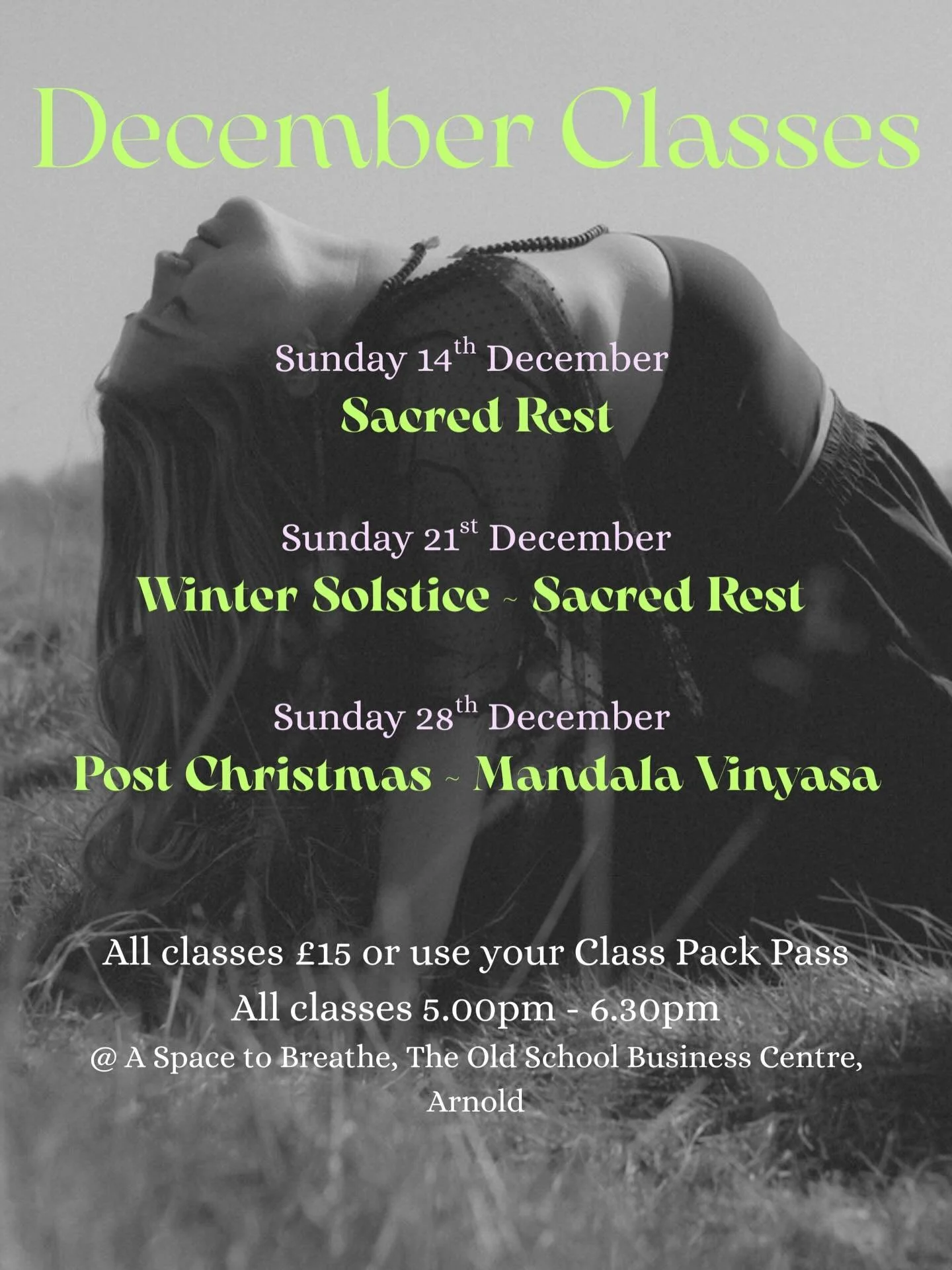 December Magic&hellip; 🪶✨⁣
⁣
~ Sunday 14th ~ Sacred Rest ⁣
⁣
~ Sunday 21st ~ Winter Solstice ~ Sacred Rest ⁣
⁣
~ Sunday 28th ~ Post Christmas Mandala Vinyasa ⁣
⁣
All classes &pound;15 or use a Class Pack Pass ⁣
5.00pm - 6.30pm ⁣
⁣
@ A Space to Breat