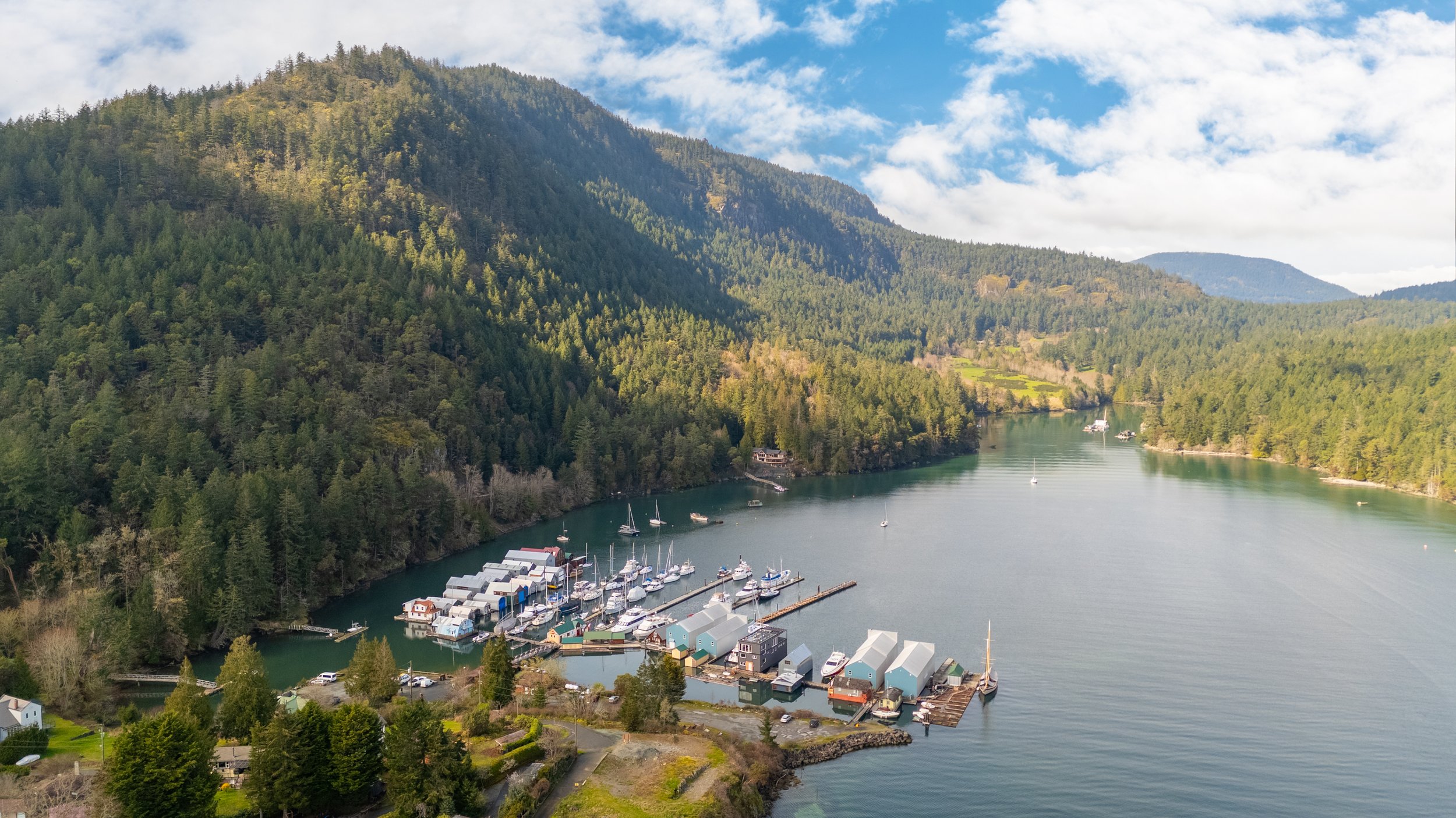 Aerial view of a marina surrounded by dense green forest and hills, with boats docked in a calm bay under a blue sky with scattered clouds.