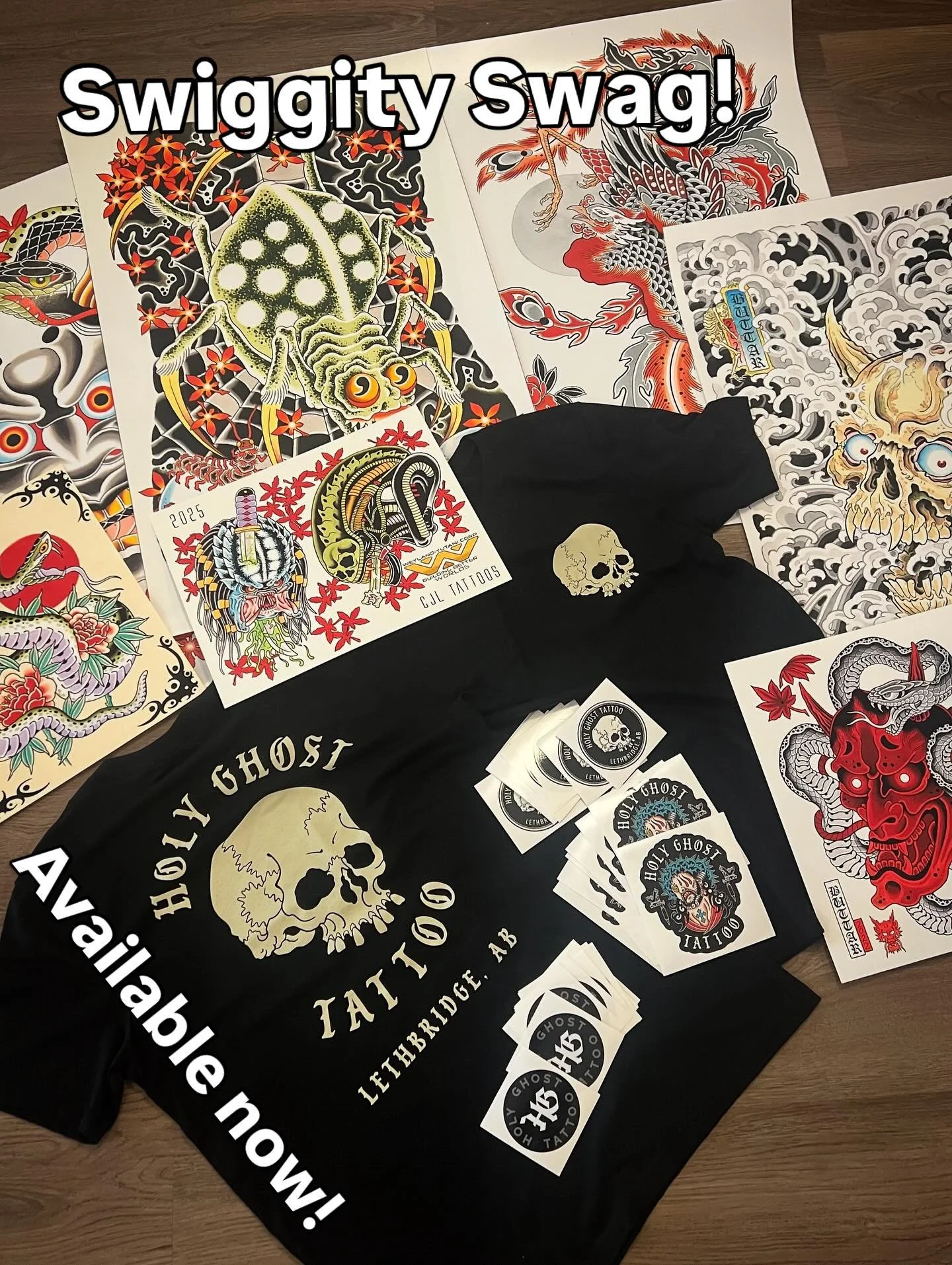 🔥 HOLY GHOST SWAG IS HERE 🔥
Prints, tees, and stickers are ready to roll! Swing by the shop to grab some fresh gear or catch us at the @wctlethbridge show this weekend 🤘🏻

#lethbridge #yql #lethbridgetattoo #yqltattoo #calgary #calgarytattoo #tat