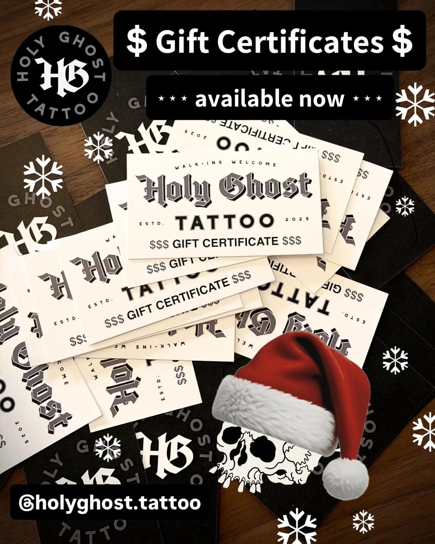 ❆ 𝗚𝗶𝗳𝘁 𝗖𝗲𝗿𝘁𝗶𝗳𝗶𝗰𝗮𝘁𝗲𝘀 now available ❆ perfect for the holidays.🎄

Tees, small prints, and large prints also in stock!

Swing by the shop to grab yours!🎅🏻

#holyghostlethbridge #lethbridge #yql #lethbridgetattoo