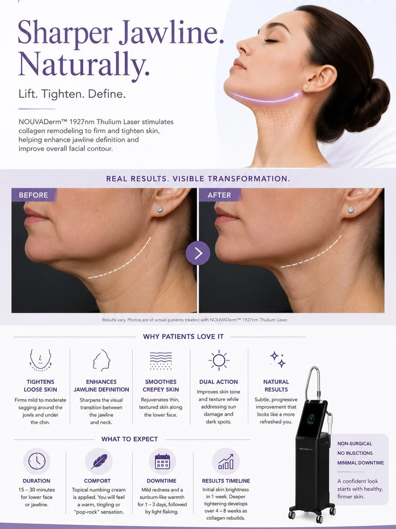 ✨ A sharper jawline. A more confident you.

Your jawline naturally loses definition as collagen declines over time&mdash;but surgery isn&rsquo;t the only option.

With NOUVADerm&trade; 1927nm Thulium Laser, collagen remodeling is stimulated to help i