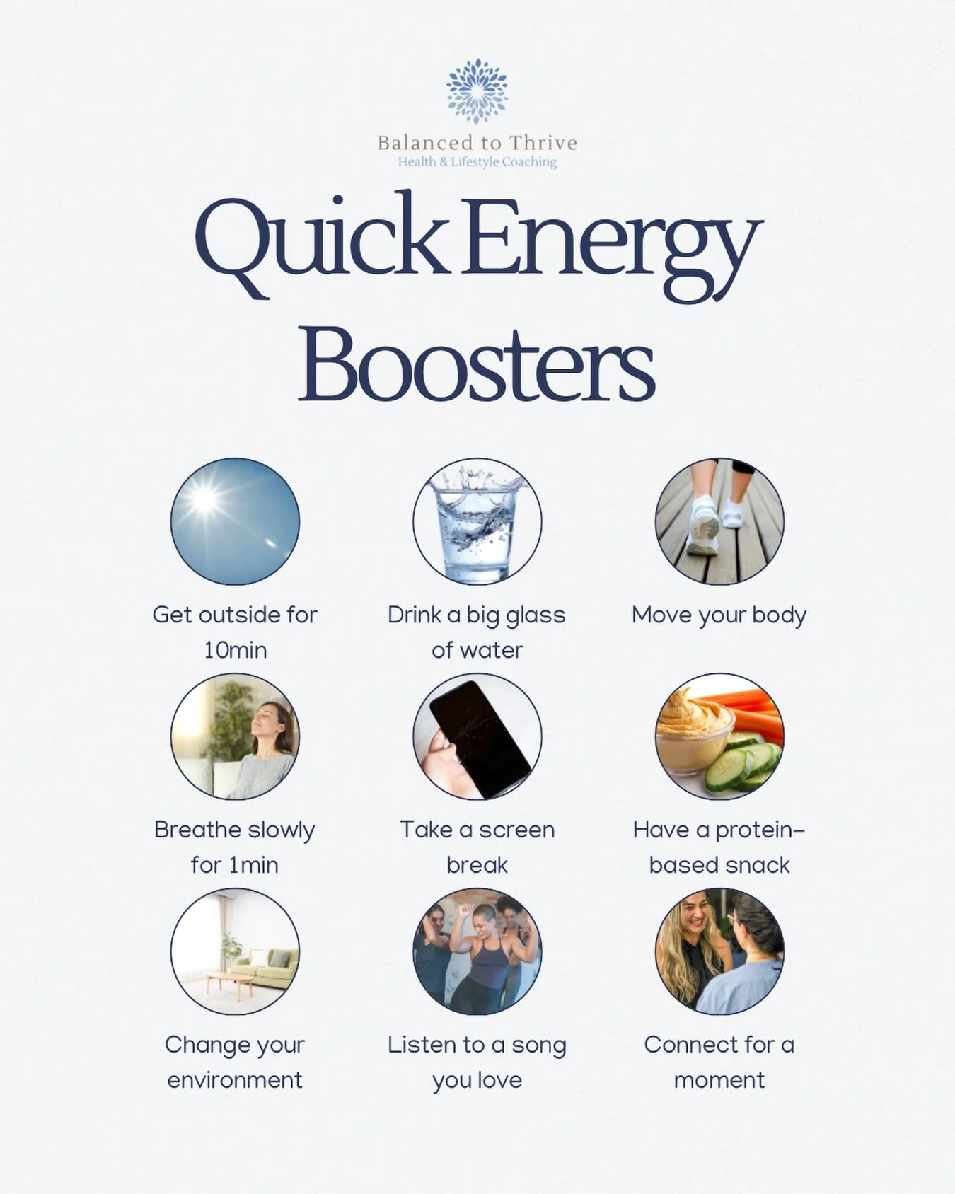 Quick reminder that boosting your energy doesn&rsquo;t  need to be complicated or expensive. Most of the time, it&rsquo;s the small things that bring you back to life.

Go outside for a few minutes. Drink some water. Move your body quickly. Take one 