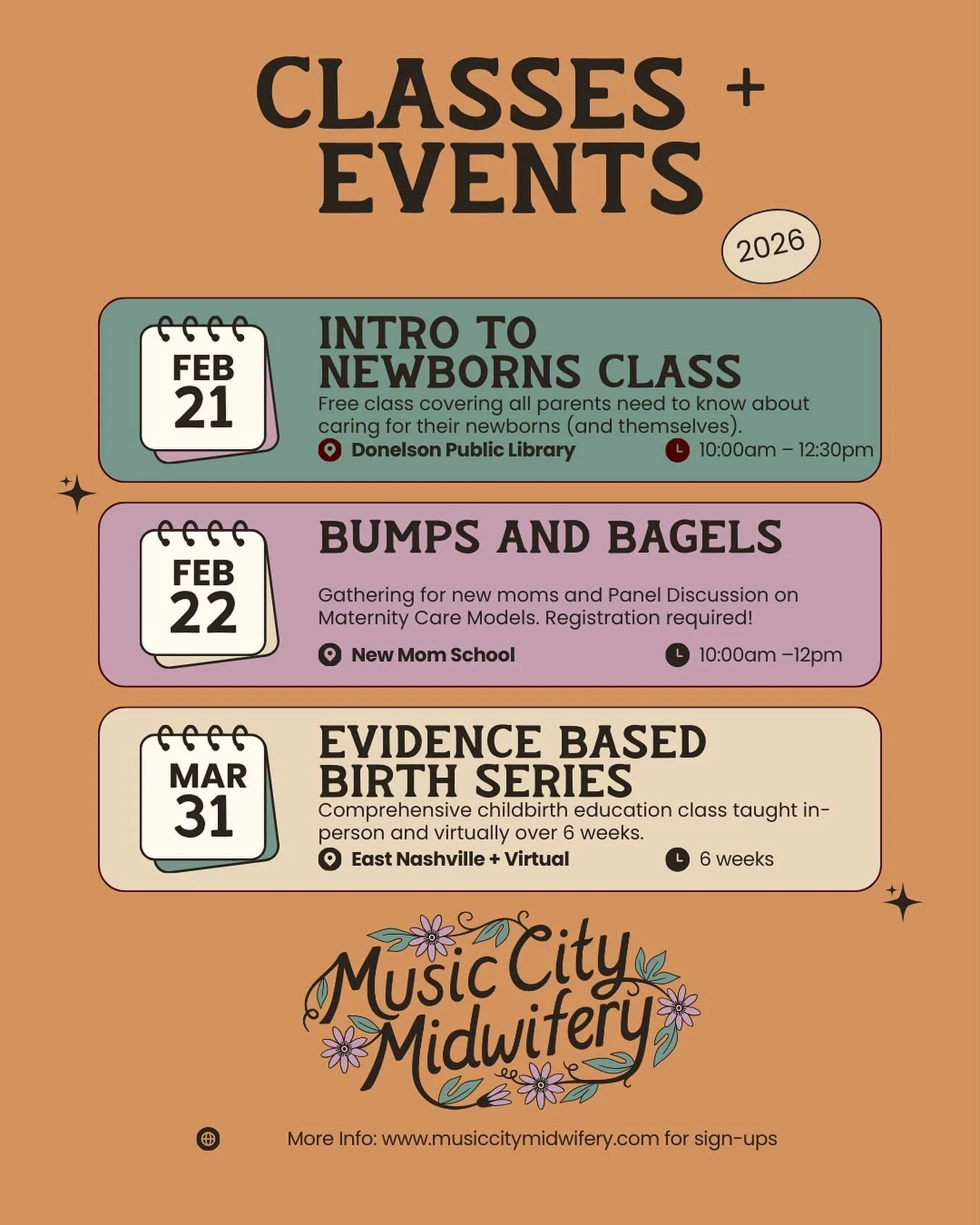 There are a couple of opportunities to see us and pick our brains outside the clinic this month and next! 

This weekend we have two things happening: our free Intro to Newborns class at the Donelson Library on Saturday from 10am-12:30pm, and we&rsqu