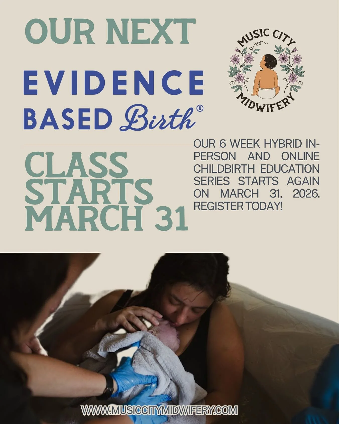 Our next Evidence Based Birth cohort starts on March 31st! This class is the best of both worlds: we meet in-person for the first and last class of the series for live, interactive demonstrations and practice, and meet on Zoom for the bulk of the cla