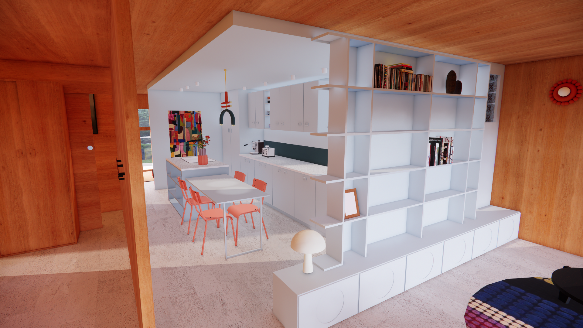 Cuisine moderne avec espace repas, étagères blanches, meubles en bois, décoration colorée, livres, et luminaire suspendu noir. Open space lumineux.