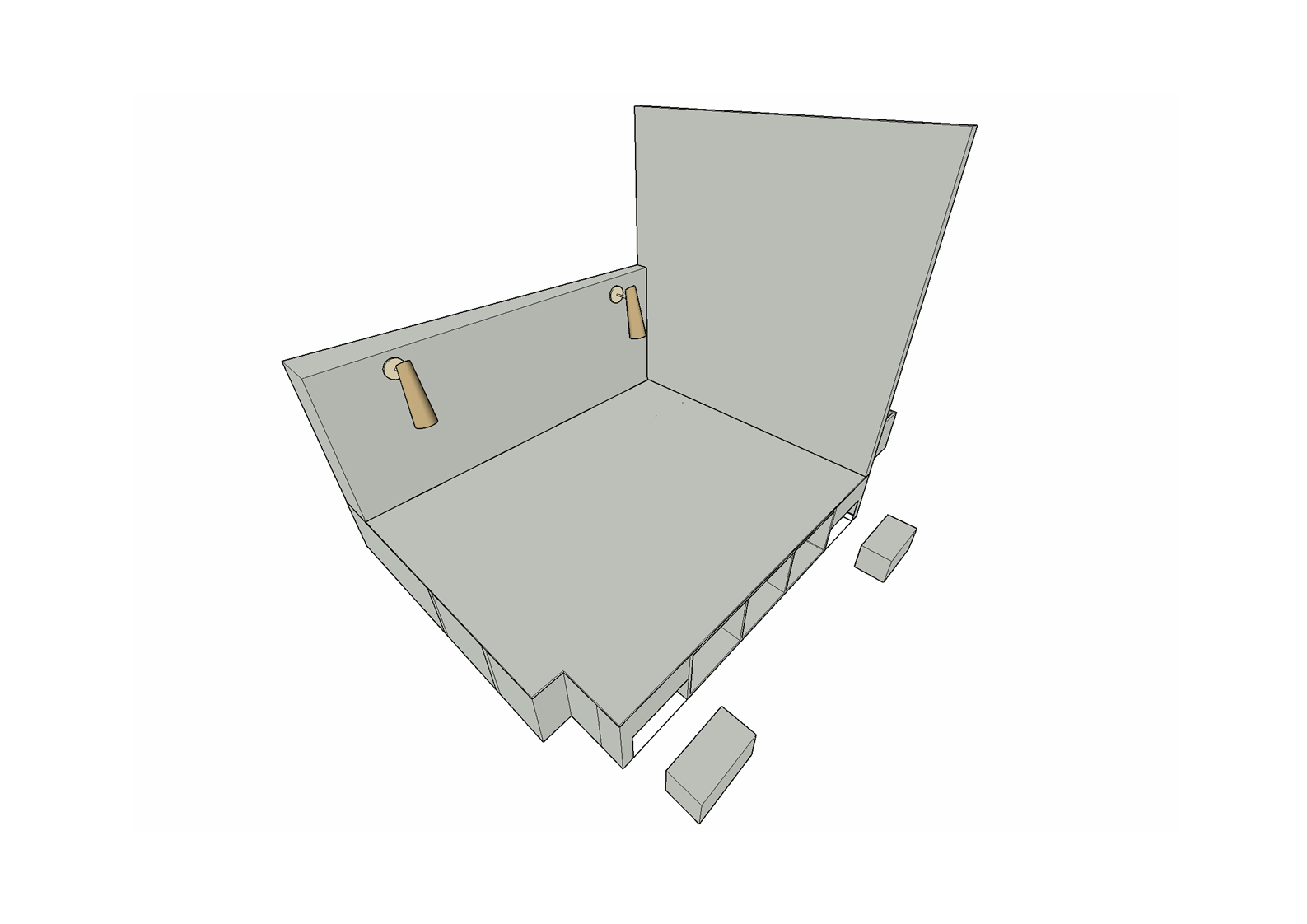 Schéma 3D d'une structure en construction avec murs, blocs et 2 poignées en haut
