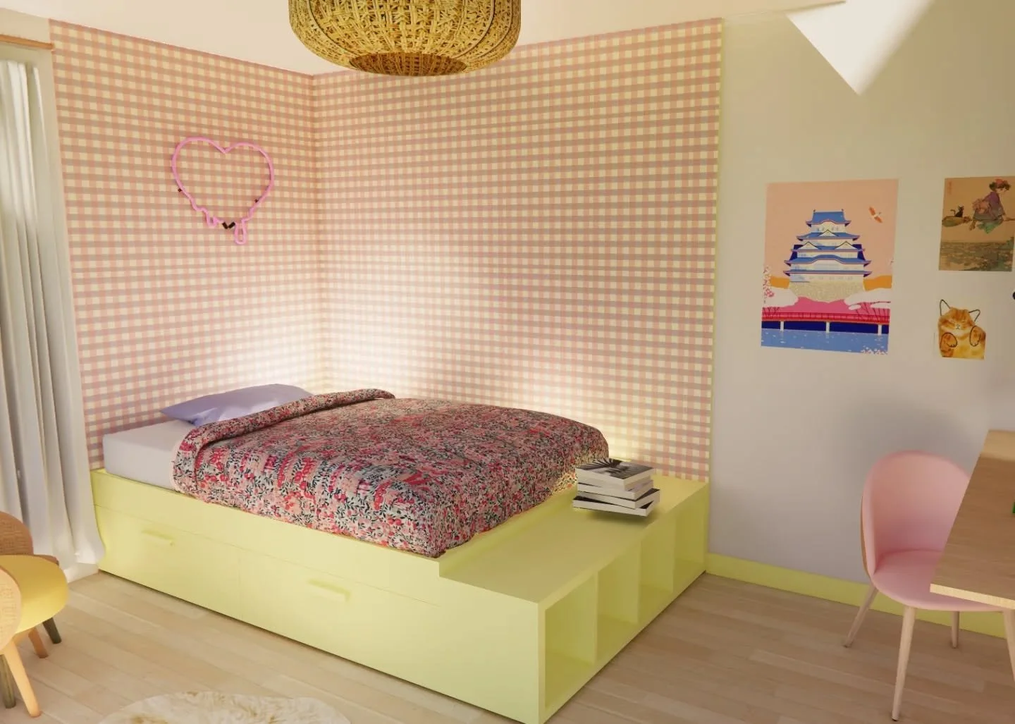 Chambre d'ado transform&eacute;e gr&acirc;ce au reemploi et un jeu de motifs et couleurs. 
Seuls achats pour ce projet: un petit pot de peinture et le papier peint. 
Ambiance vitamin&eacute;e pour enfant creative. 

D&eacute;sign&eacute; par @maisonp