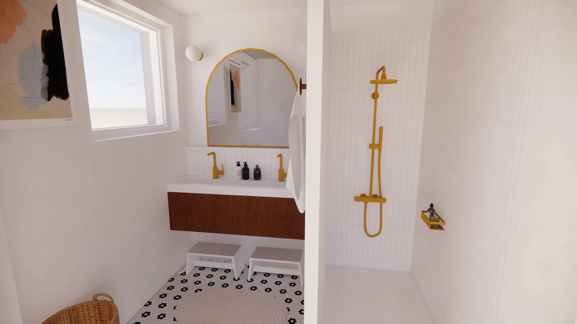 Salle de bain moderne avec fenêtre, miroir rond avec bord jaune, lavabo avec deux robinets noirs, étagère avec produits, douchette jaune, tapis rond beige et panier en osier.