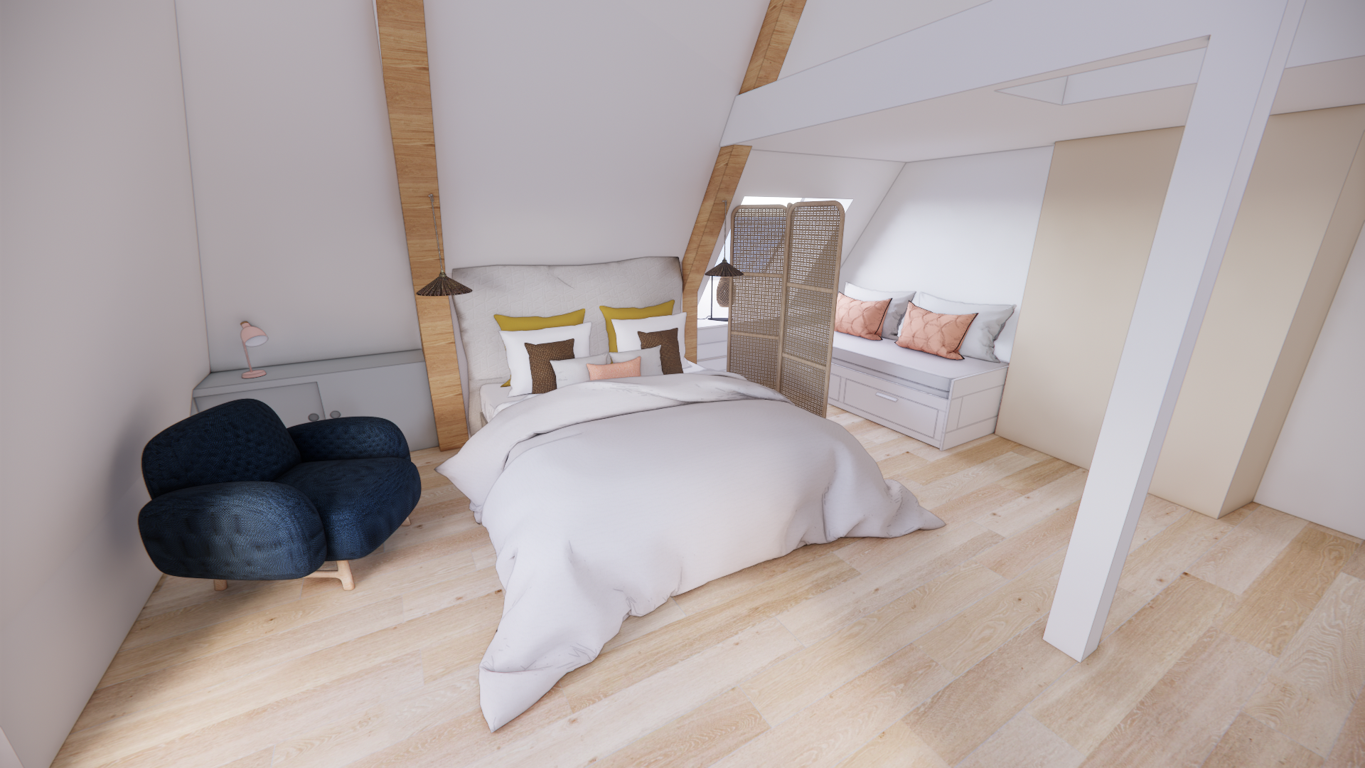 Chambre à coucher dans un style moderne avec lit, banquette près de la fenêtre, chaise bleue et séparateur en rotin