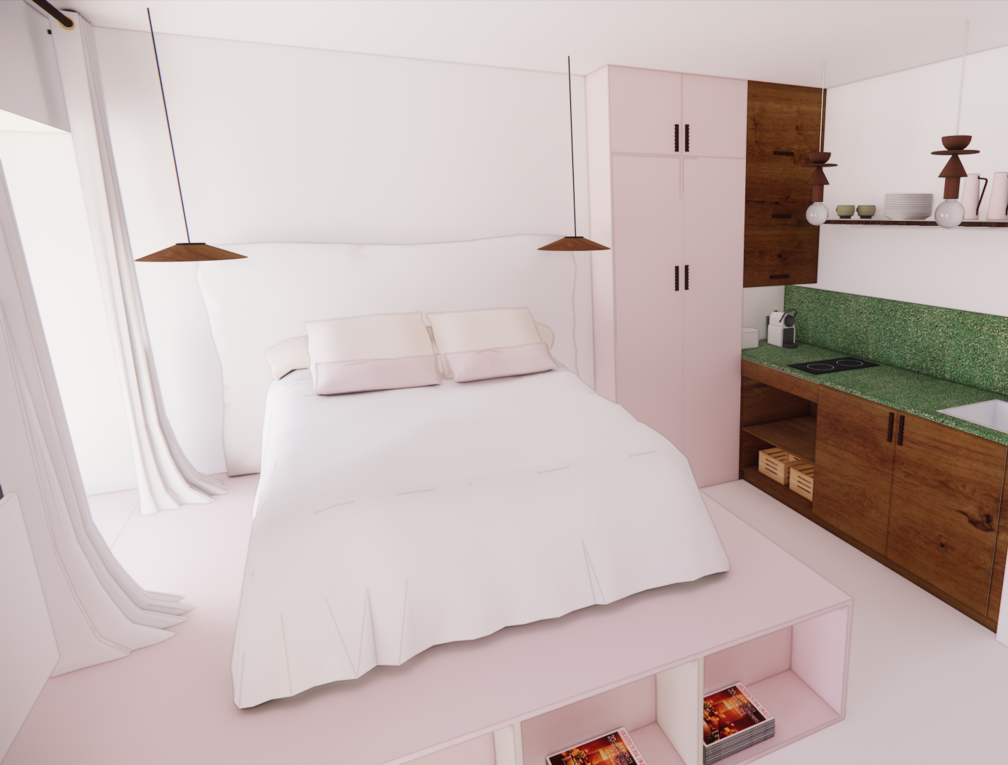 Intérieur d'une petite kitchenette et d'une chambre avec lit blanc, lits en bois et prise de vue de face.