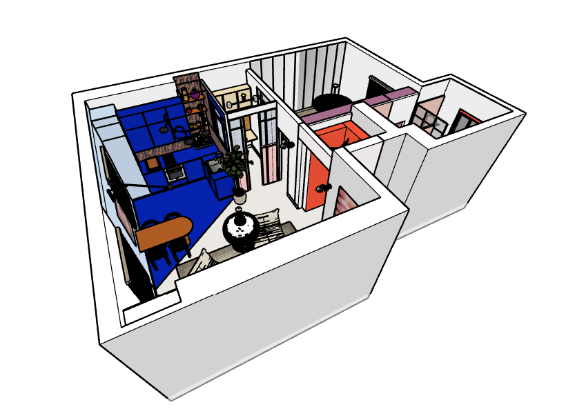 Plan d'un appartement avec plusieurs pièces distinctes, notamment un espace salon et une zone de chambre, en style moderne avec des meubles colorés.