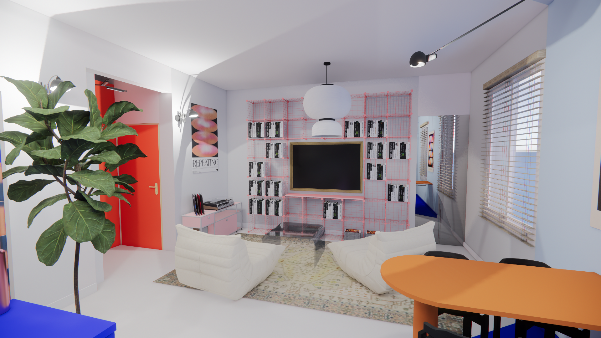 Salon moderne avec deux fauteuils blancs, une télévision, étagère en fil métallique rose, plantes vertes, et fenêtres avec persiennes en bois.