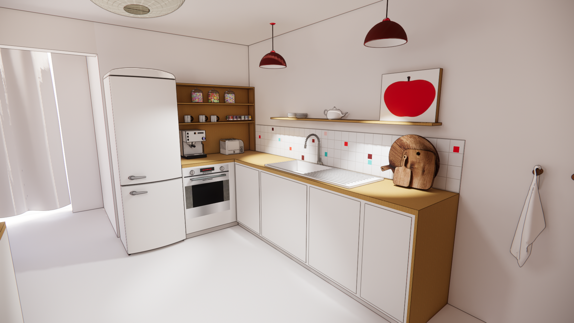 Une cuisine moderne avec un réfrigérateur blanc, une cuisinière, un évier, une planche à découper en bois, et des étagères en bois avec des bocaux en verre, une théière, et des tasses. Un tableau avec une pomme rouge est accroché au mur, et deux lampes suspendues rouges illuminent l'espace.