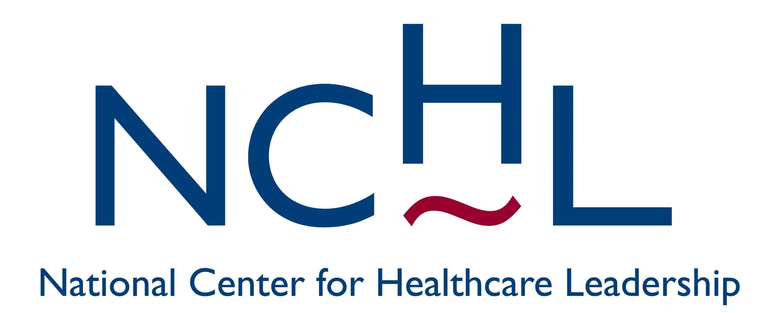 Logo of the National Center for Healthcare Leadership (NCHL), featuring the acronym in large blue letters and a red curved line resembling a smile below the letter C, with the full name written underneath.