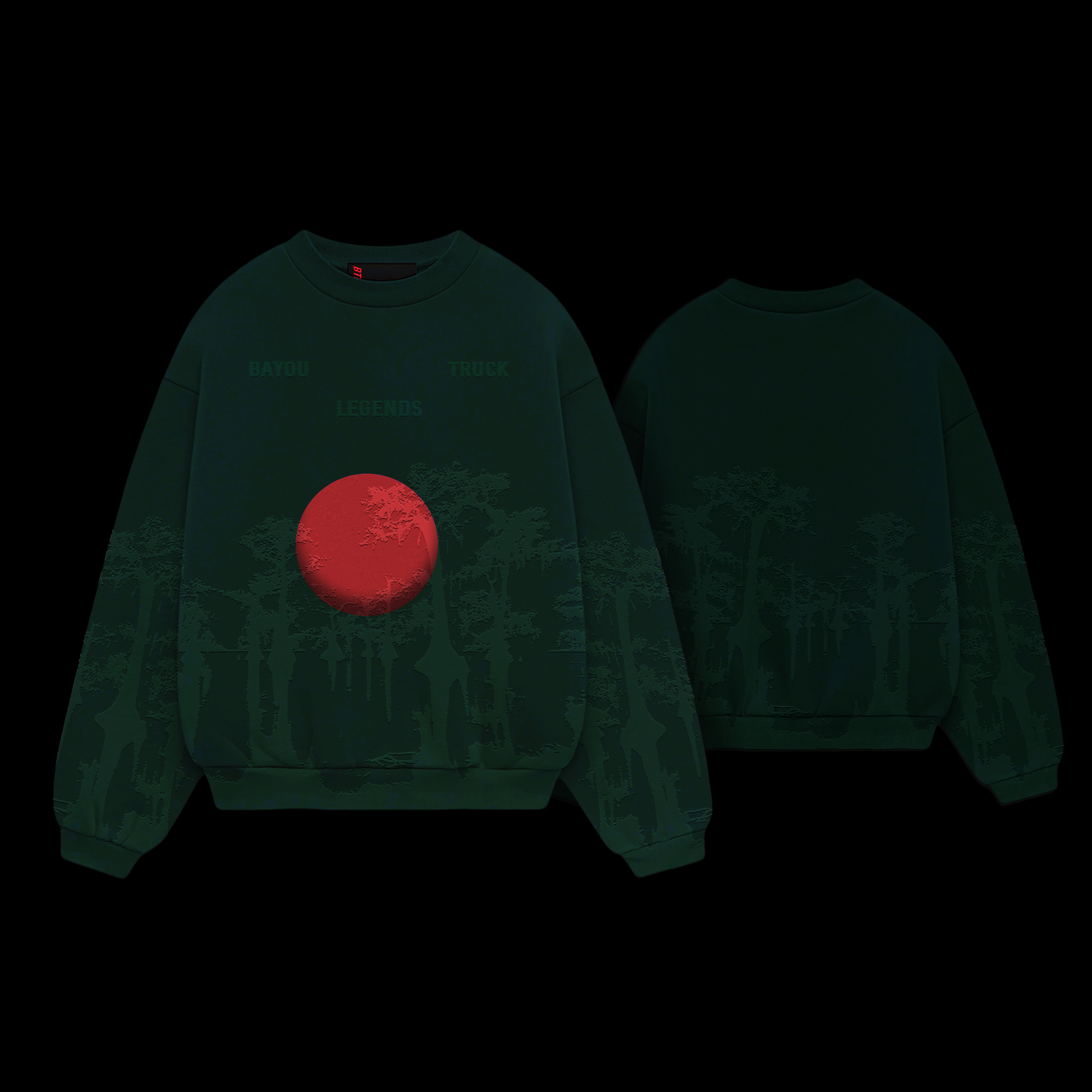 Dark green sweatshirt featuring a red circle with a tree inside, and text reading "BAYOU TRUCK LEGENDS" above the circle.