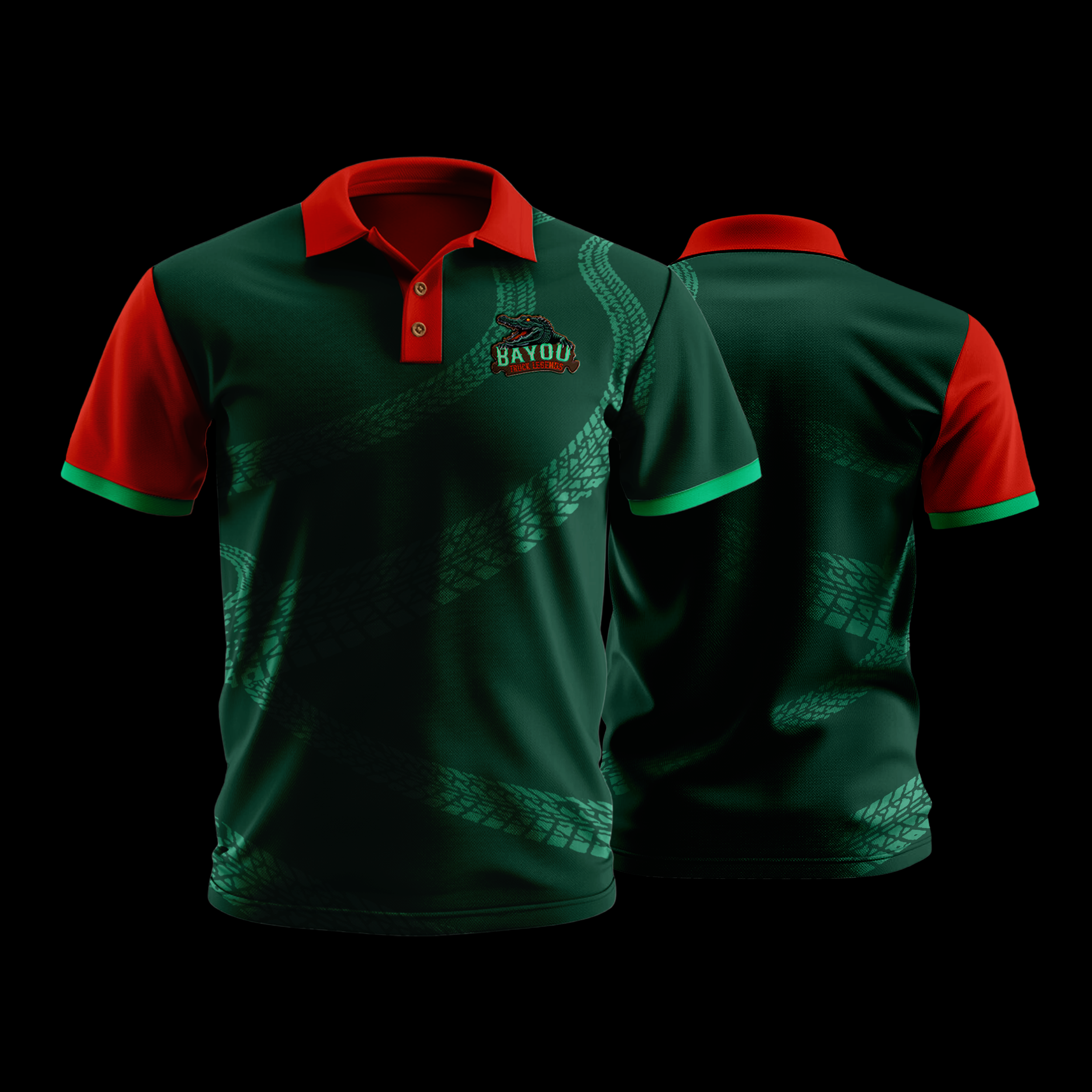 Front and back view of a green and red sports polo shirt with team logo 'BAYOU' and snake graphic.