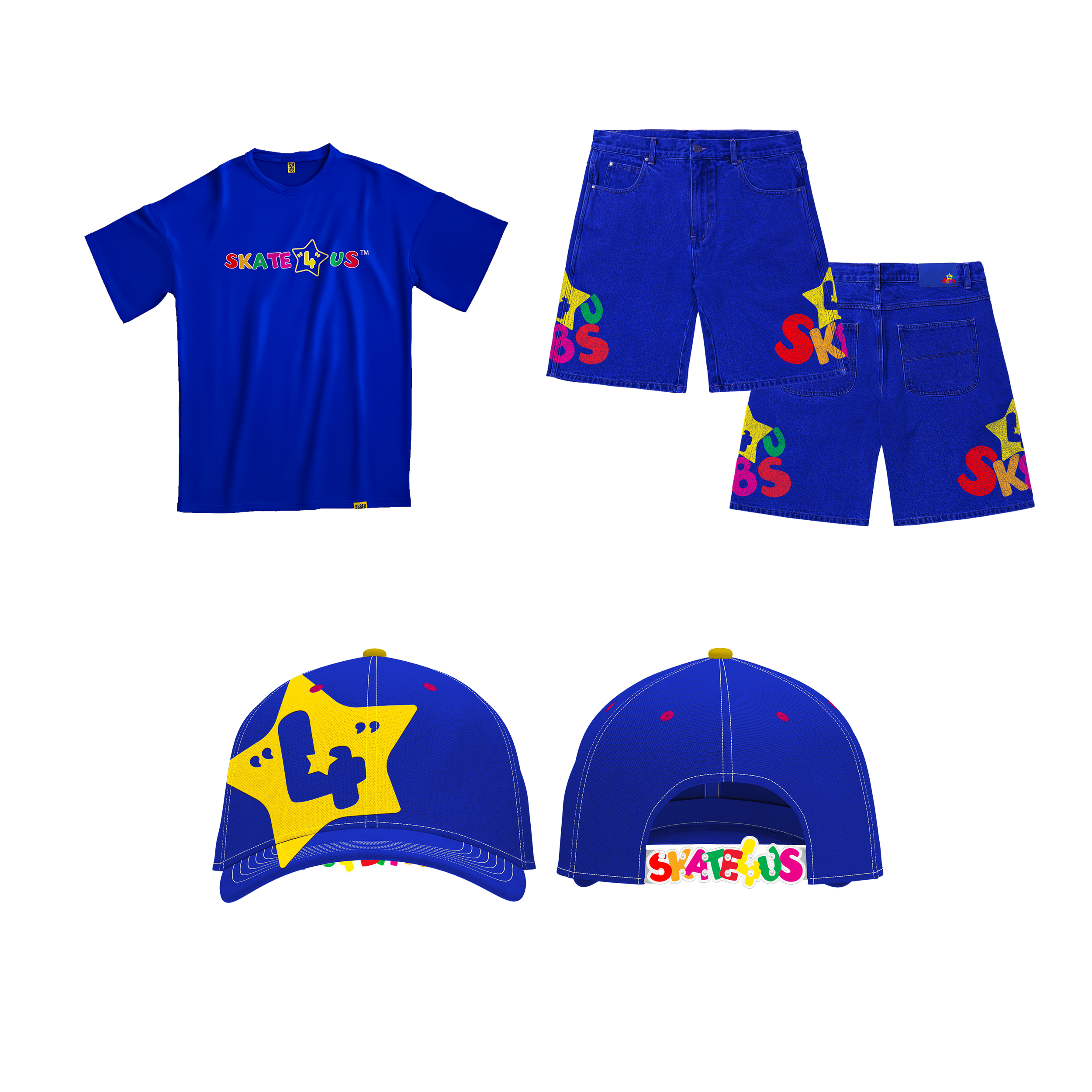 Blue T-shirt with colorful 'Skate 4 Us' logo, two pairs of blue denim shorts with similar logo, and two blue caps with the same logo, all featuring vibrant colors and a playful design.
