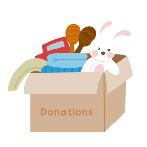Icon graphic showing a box of donated goods, including some toys and a blanket.