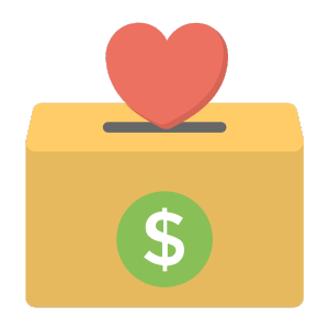 Icon graphic showing a heart going into a box for money.