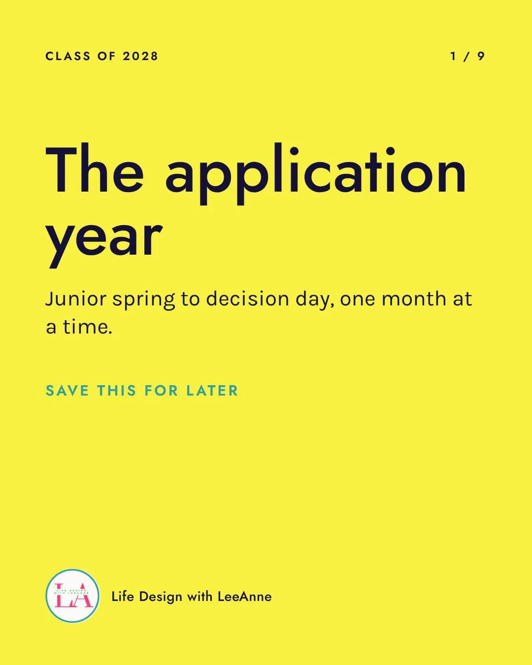 We fit the whole application year on a single page. Class of 2028, from junior spring to decision day, a month at a time.

We teach it in our boot camp, and now we've pulled it out for everyone. Cheers! This one's on us.

Slide eight lists the five t