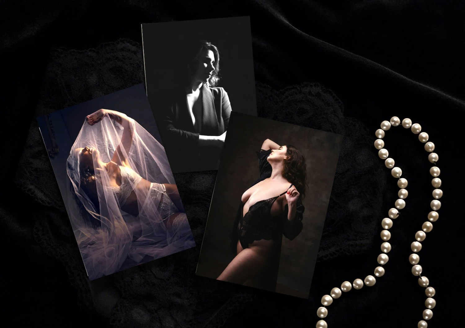 Boudoir session photo prints of women in various poses with a pearl necklace on black fabric background.