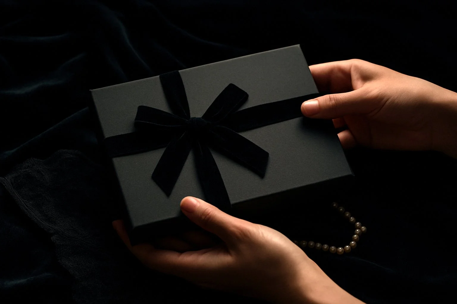 Person holding the Boudoir Experience Box 2025 limited-edition black gift box with a black ribbon against a dark background.
