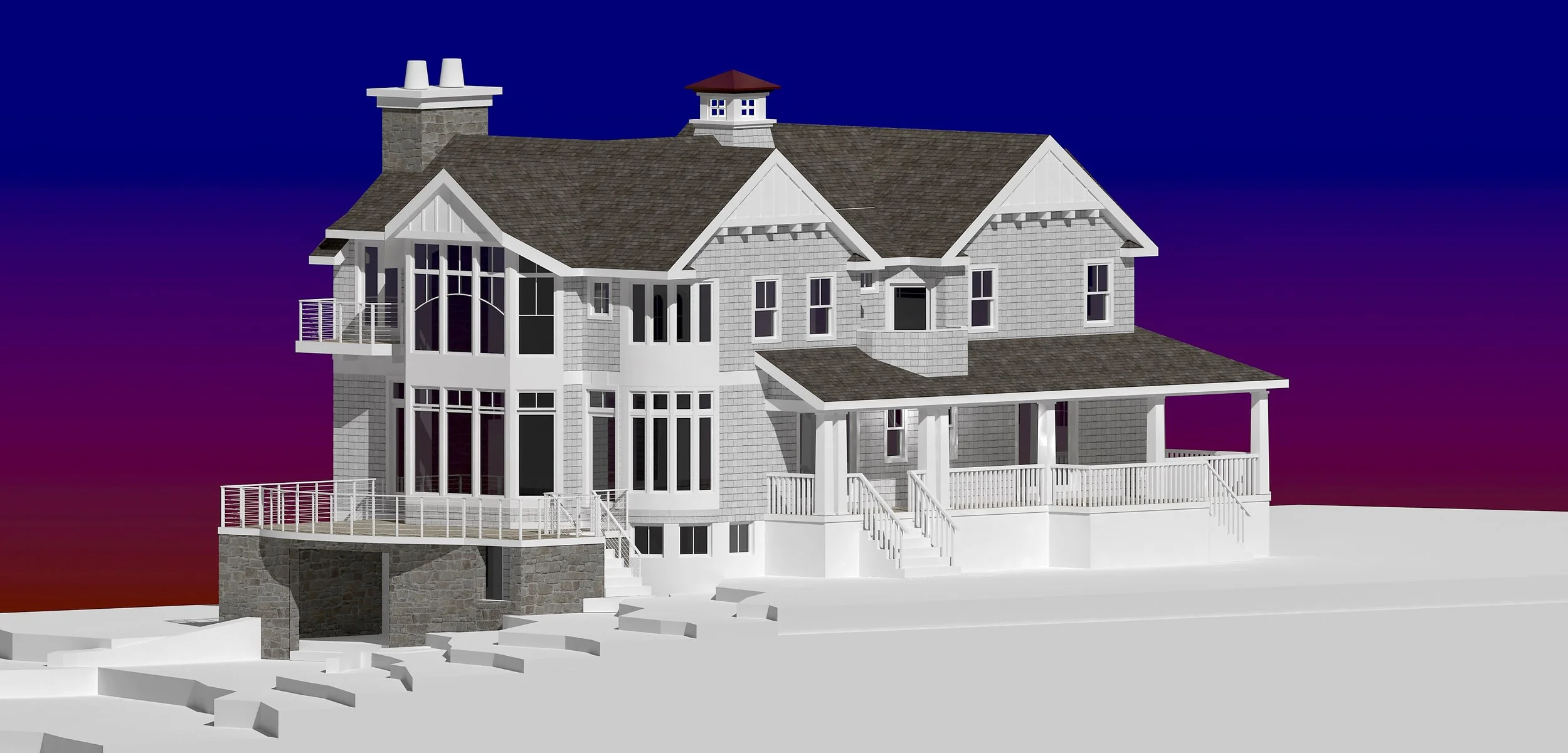 3D render of a large, multi-story house with white siding, multiple gabled roofs, large windows, and a wrap-around porch with railing, set against a colorful gradient sky.