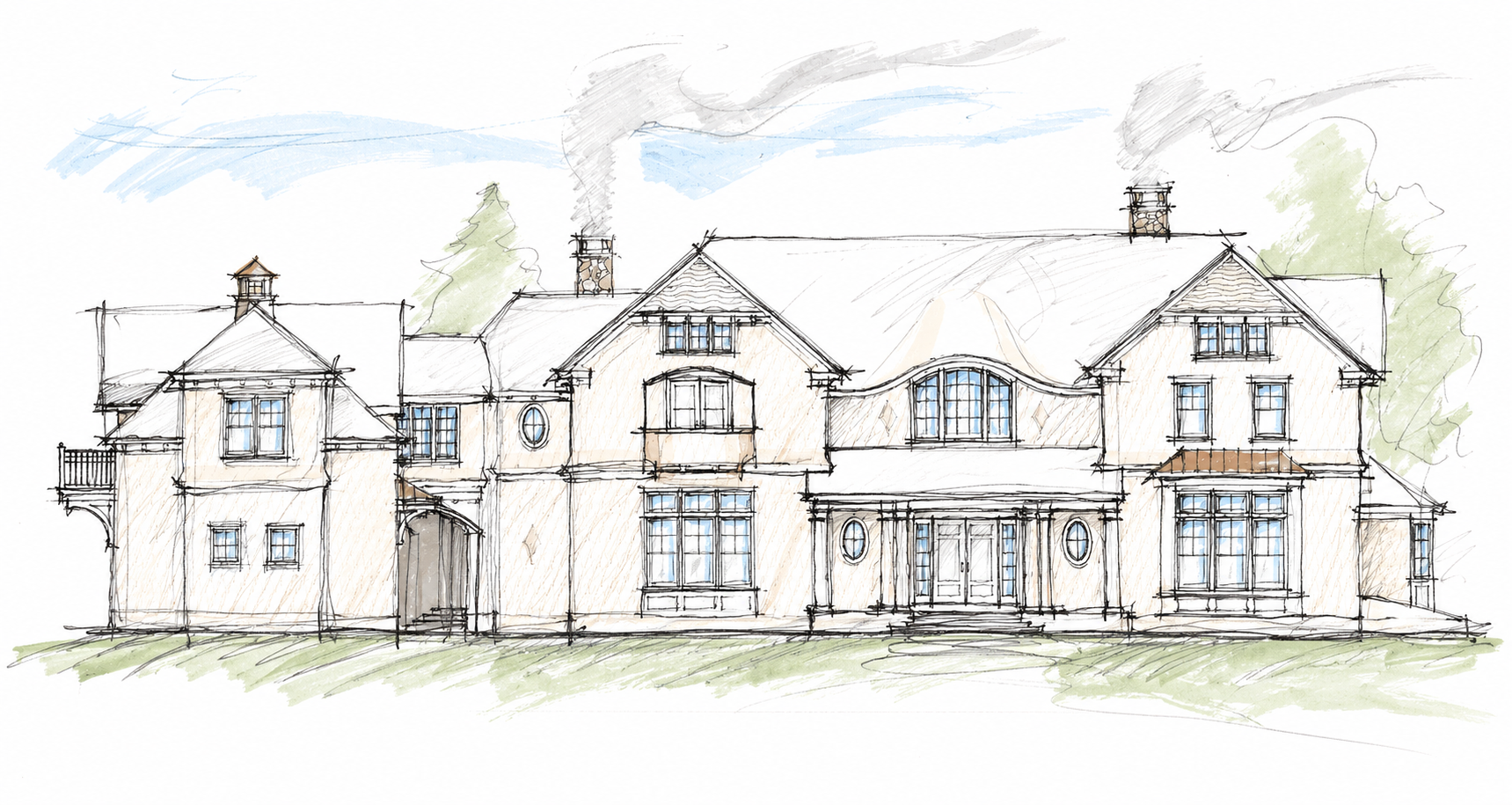 A hand-drawn architectural sketch of a large, multi-story house with multiple chimneys, large windows, and a front entrance with steps. There is greenery and trees in the background.