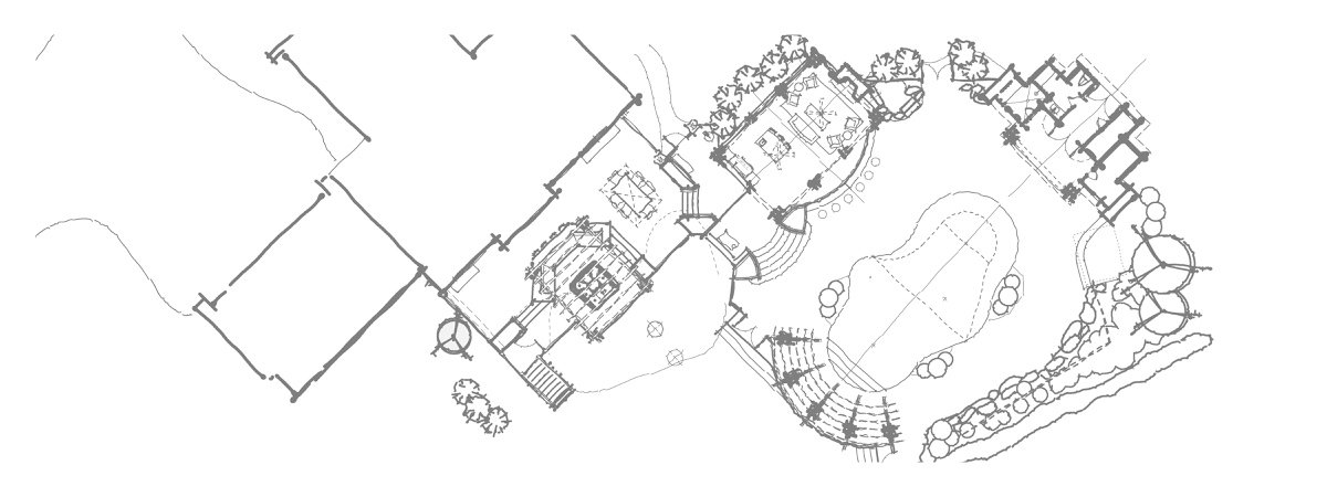 Architectural floor plan of a large residence with multiple rooms, a swimming pool, and landscaped garden.