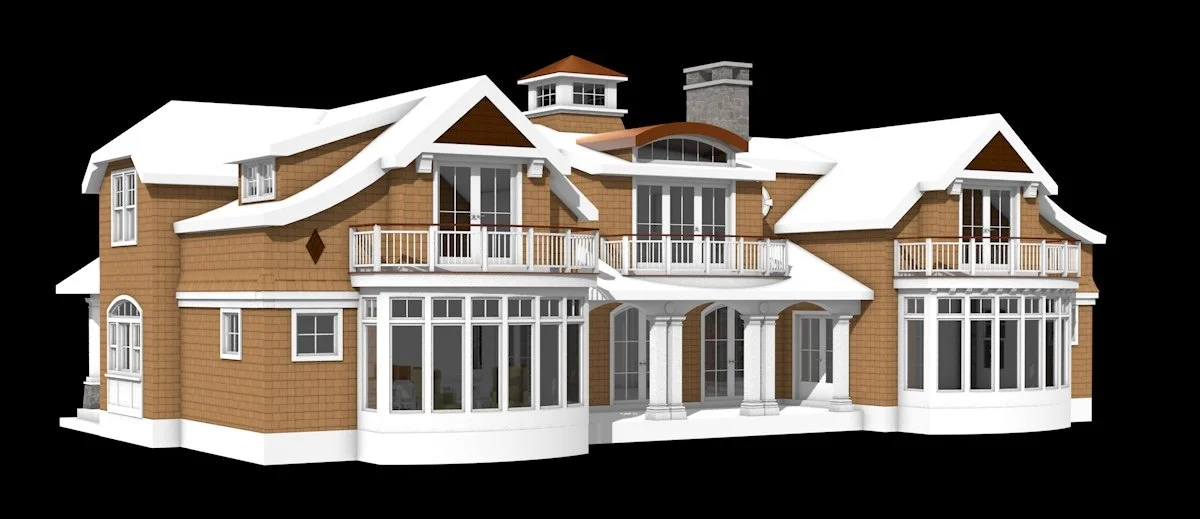3D rendering of a large multi-story house with multiple windows, balconies, and a chimney, set against a black background.