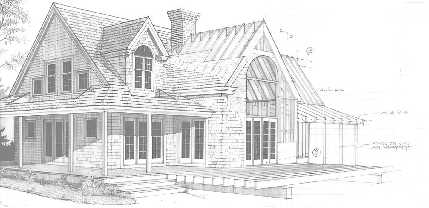 Architectural blueprint of a house showing detailed exterior and construction plans.