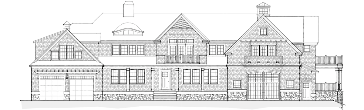 Blueprint drawing of a large, multi-story house with multiple gables, dormer windows, a balcony, and attached garages.