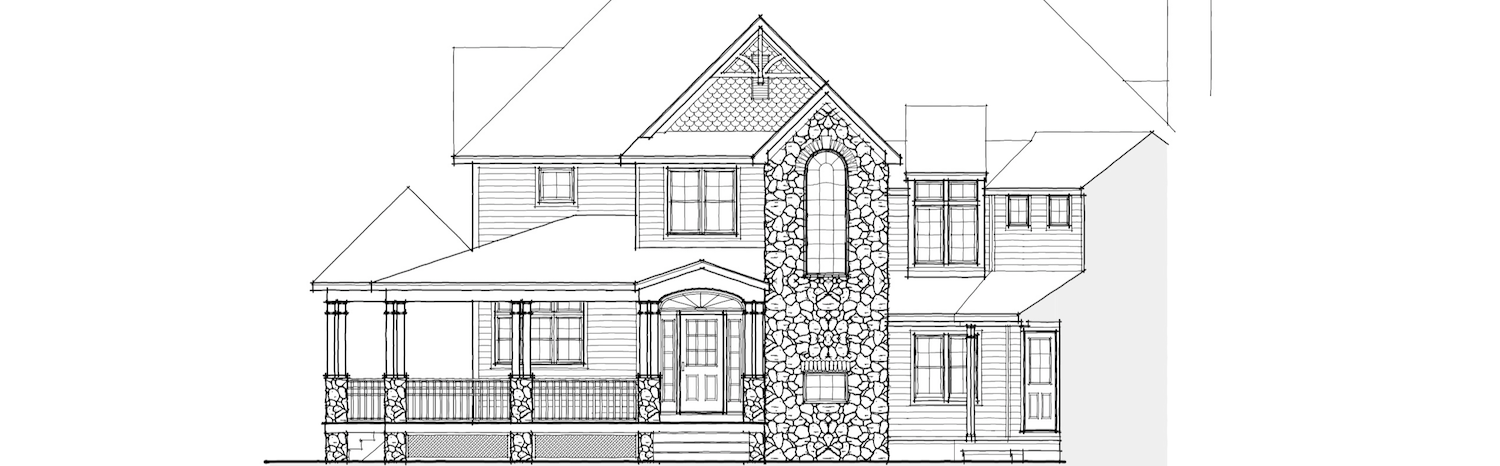 Architectural blueprint of a multi-story house with a front porch, stone chimney, and multiple windows.